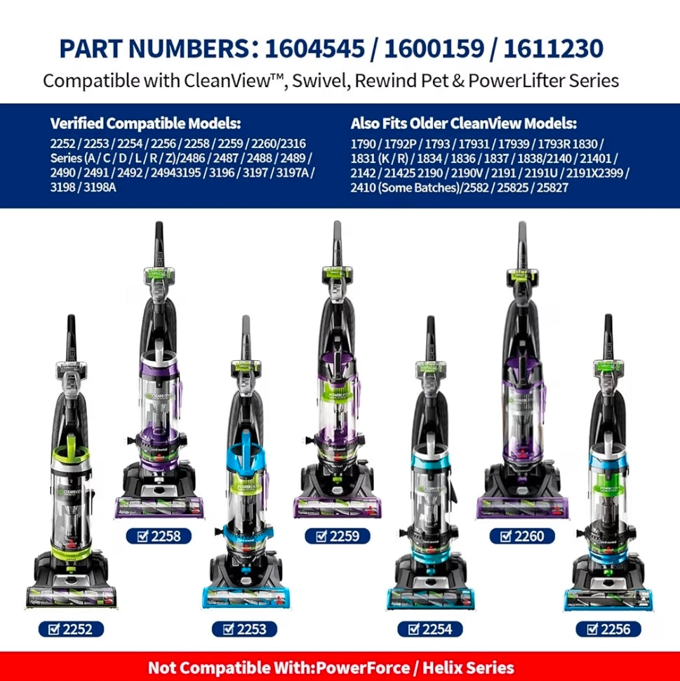 Brush Roll&2Belts Kit for Bissell CleanView Swivel Rewind Vacuums Fits 2252 2253 2254 2256 2258 2259 2260 2316 2486 2487 2488 2489 3195 3196 3197 3197A 3198 3198A Replace Parts 1604545 1600159 1611230
