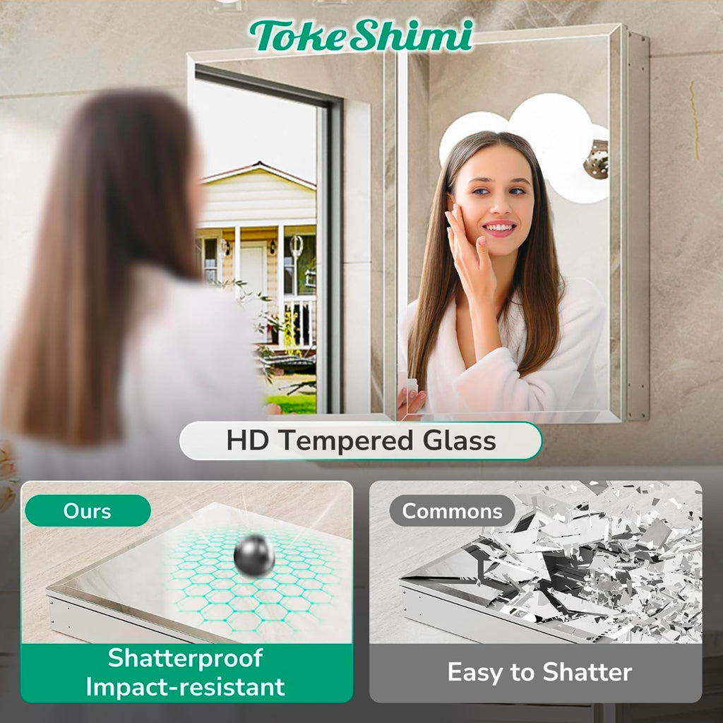 16 x 20 Mirrored Medicine Cabinet, Tempered Beveled Mirror, Silver Medicine Cabinet for Bathroom, Assembly Required, Stepless Adjustable Shelves, Recessed/Wall Mount