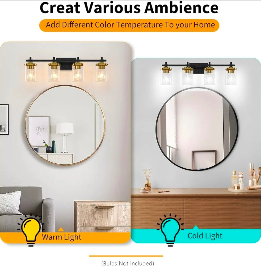 4-Lights Black and Gold Bathroom Vanity Light, Modern Bathroom Wall Sconces Lighting with Clear Glass Shade, Gold Vanity Lights for Bathroom Bedroom Living Room Porch