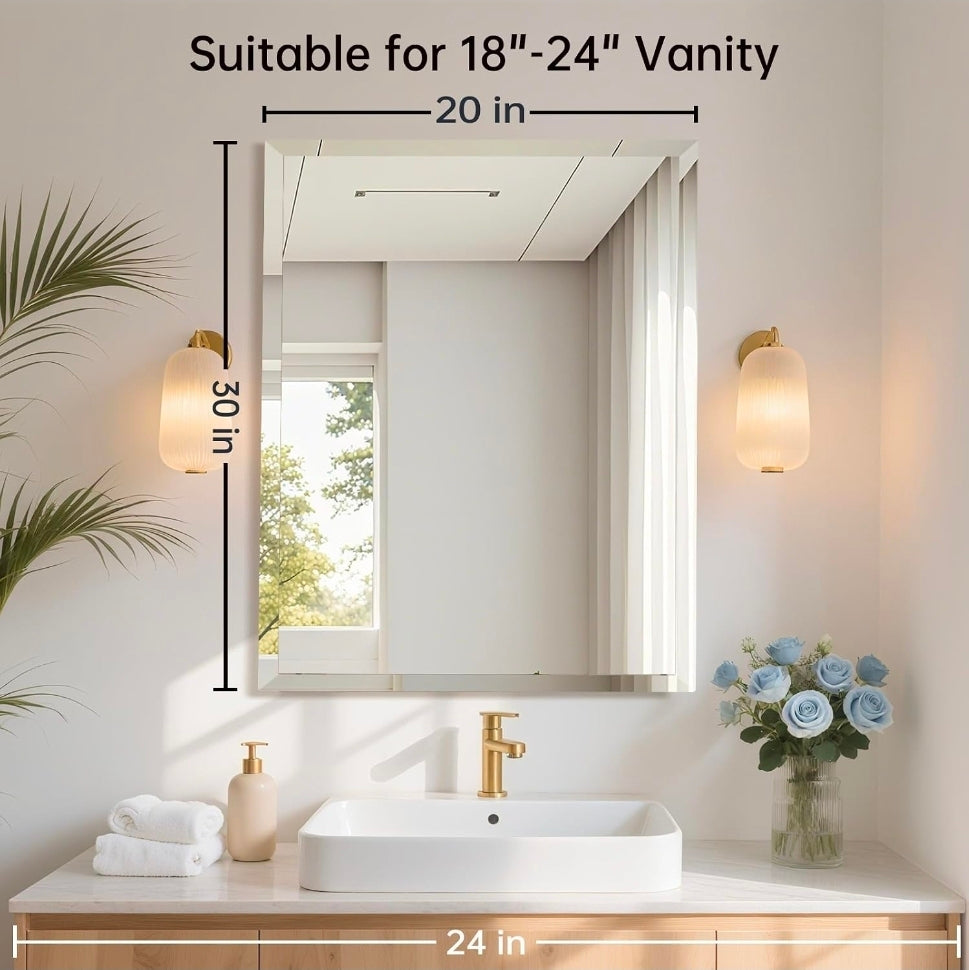 16x24 Inch Rectangle Frameless Mirror, Beveled Bathroom Mirror
Frameless Wall Mirror with 1" Beveled Edge, Tempered Glass, HD,Shatterproof, for Bathroom Vanity, Entryway, Living Room
