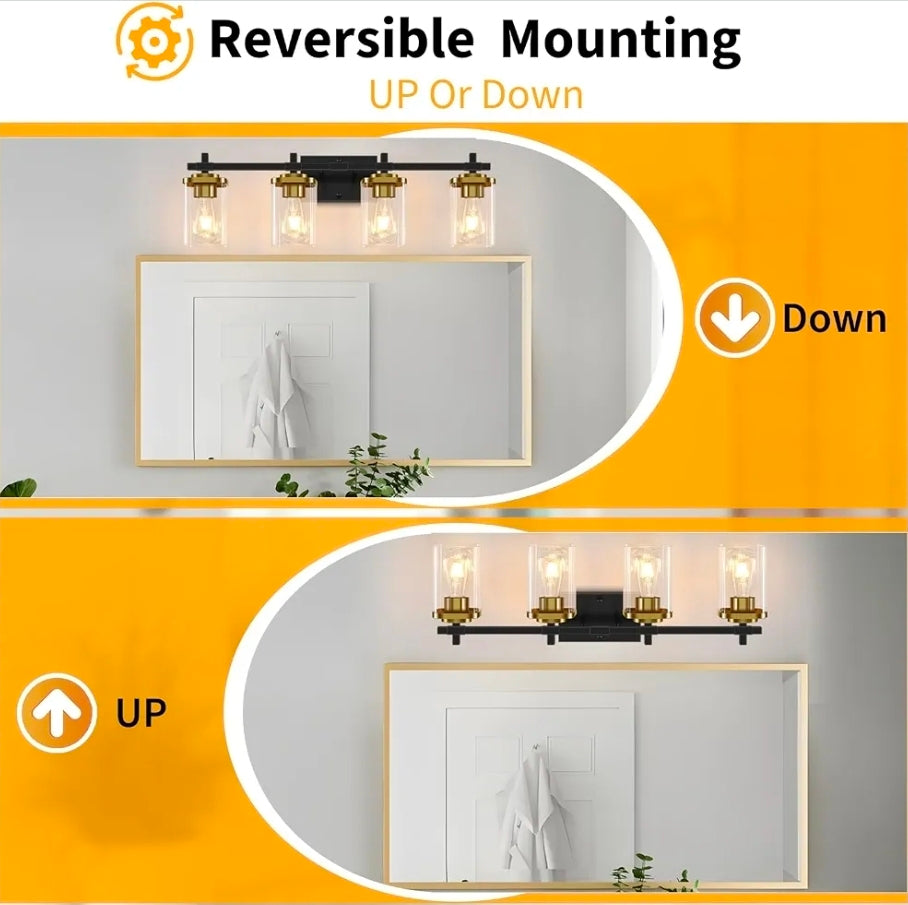 4-Lights Black and Gold Bathroom Vanity Light, Modern Bathroom Wall Sconces Lighting with Clear Glass Shade, Gold Vanity Lights for Bathroom Bedroom Living Room Porch