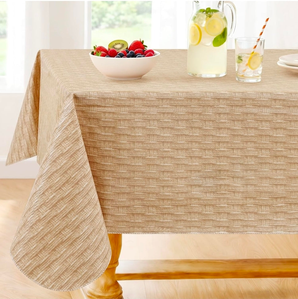 Rectangle Table Cloth, Waterproof Vinyl Tablecloths with Flannel Backing, Wipeable Spillproof Plastic Table Cover for Dining, Indoor and Outdoor (Champagne, 60 "x 84")