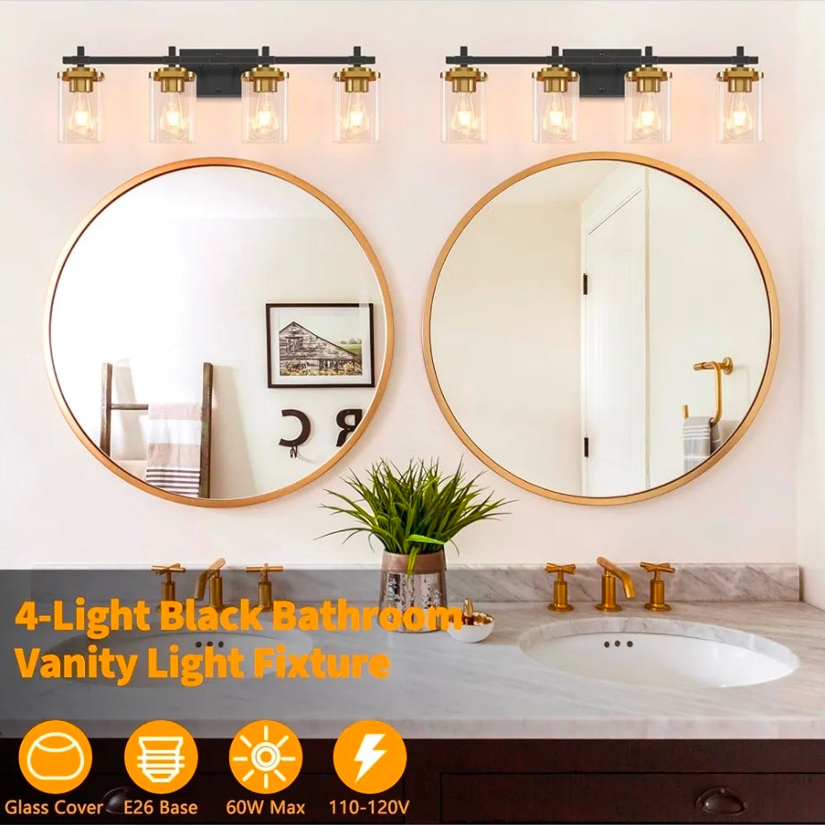 4-Lights Black and Gold Bathroom Vanity Light, Modern Bathroom Wall Sconces Lighting with Clear Glass Shade, Gold Vanity Lights for Bathroom Bedroom Living Room Porch