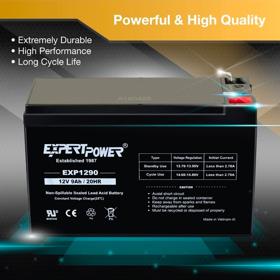 ExpertPower EXP1290, 2 Pack 12V 9AH SLA AGM Rechargeable 12V Battery Backup
12 Volt Batteries for Alarm, Speaker, Ride on Toys, APC Backup UPS Battery Replacement, Replaces UB1290, F2 Terminals