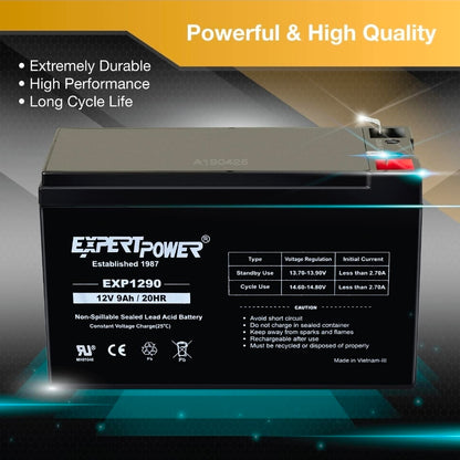 ExpertPower EXP1290, 2 Pack 12V 9AH SLA AGM Rechargeable 12V Battery Backup
12 Volt Batteries for Alarm, Speaker, Ride on Toys, APC Backup UPS Battery Replacement, Replaces UB1290, F2 Terminals