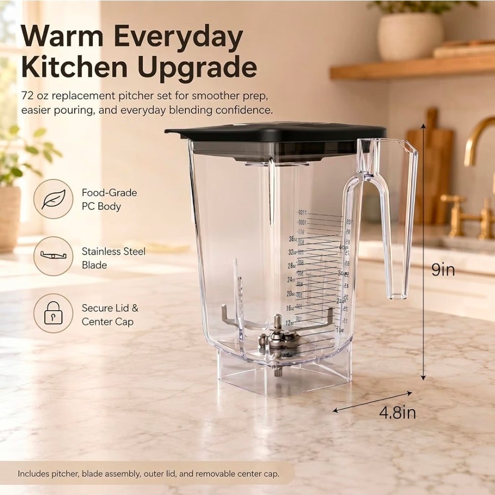 72 oz Blender Replacement Jar Compatible with Blendtec Blenders, BPA-Free Container with Lid and Stainless Steel Blade Assembly, Ideal for Home Kitchens, Smoothies, Cafés and Commercial Use