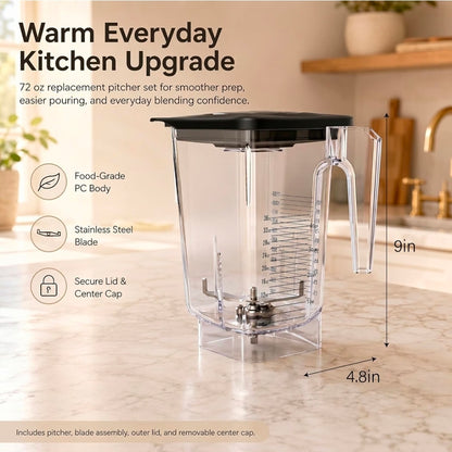 72 oz Blender Replacement Jar Compatible with Blendtec Blenders, BPA-Free Container with Lid and Stainless Steel Blade Assembly, Ideal for Home Kitchens, Smoothies, Cafés and Commercial Use