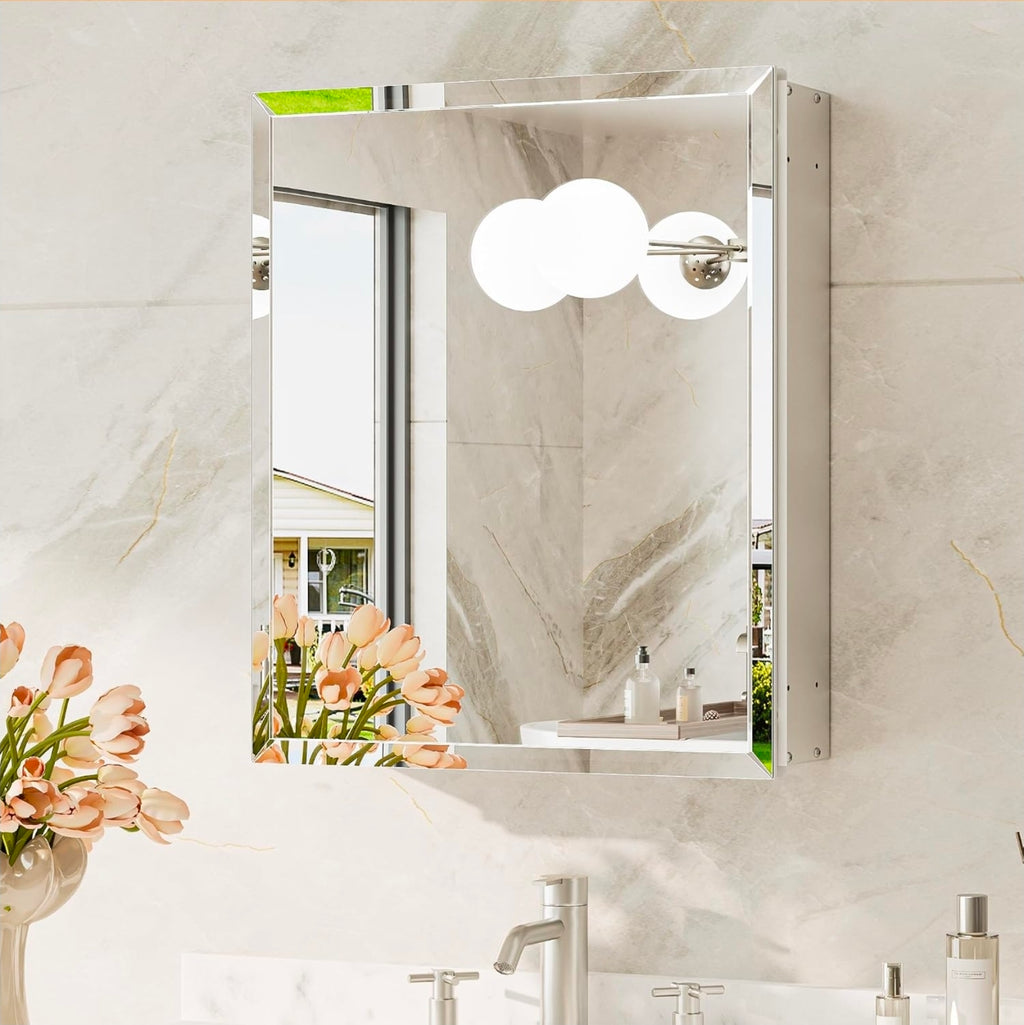 16 x 20 Mirrored Medicine Cabinet, Tempered Beveled Mirror, Silver Medicine Cabinet for Bathroom, Assembly Required, Stepless Adjustable Shelves, Recessed/Wall Mount
