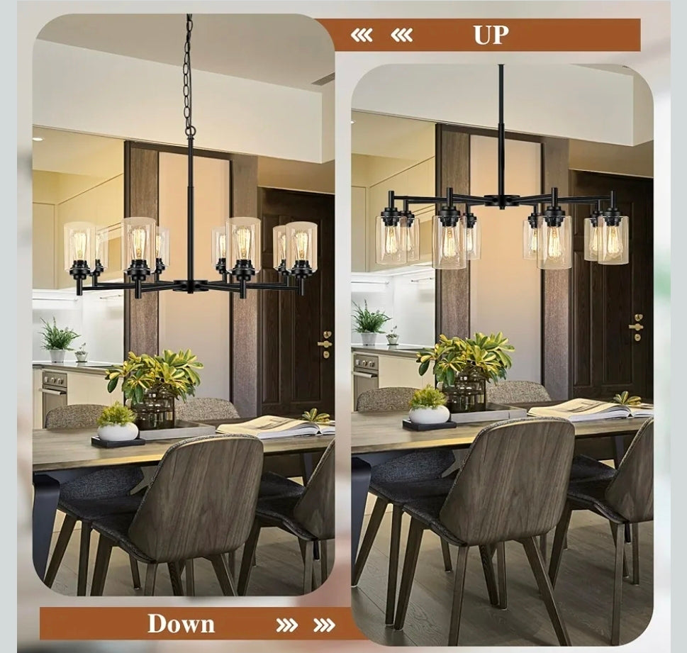 D33.5" Chandelier for Dining Room, 8-Light Black Kitchen Light Fixture
Hanging Height Adjustable, Modern Farmhouse Style, Clear Glass Shade & Durable Metal, Quick & Easy Installation