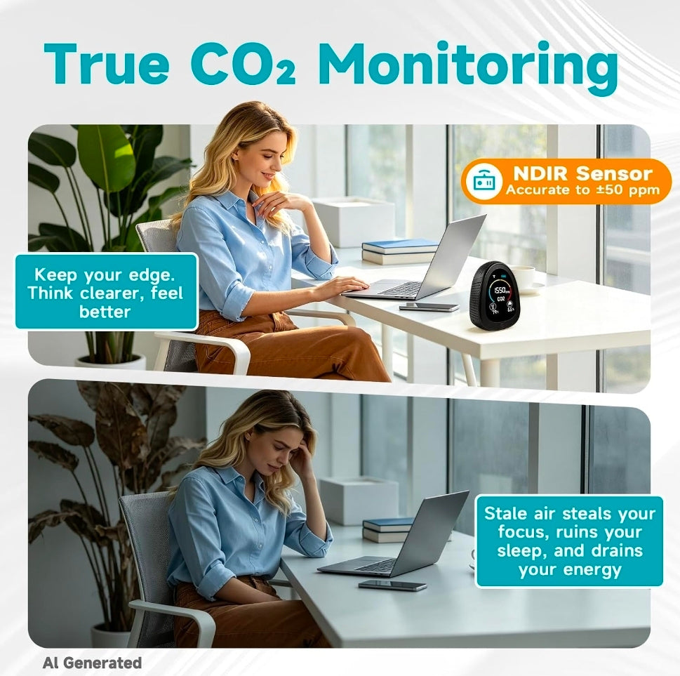 Portable CO2 Monitor Indoor Air Quality Monitor for Home Office
Carbon dioxide detector for CO2, temp & humidity, co2 detector with 1500mAh backup battery, 2.4GHz Wi-Fi, free app
