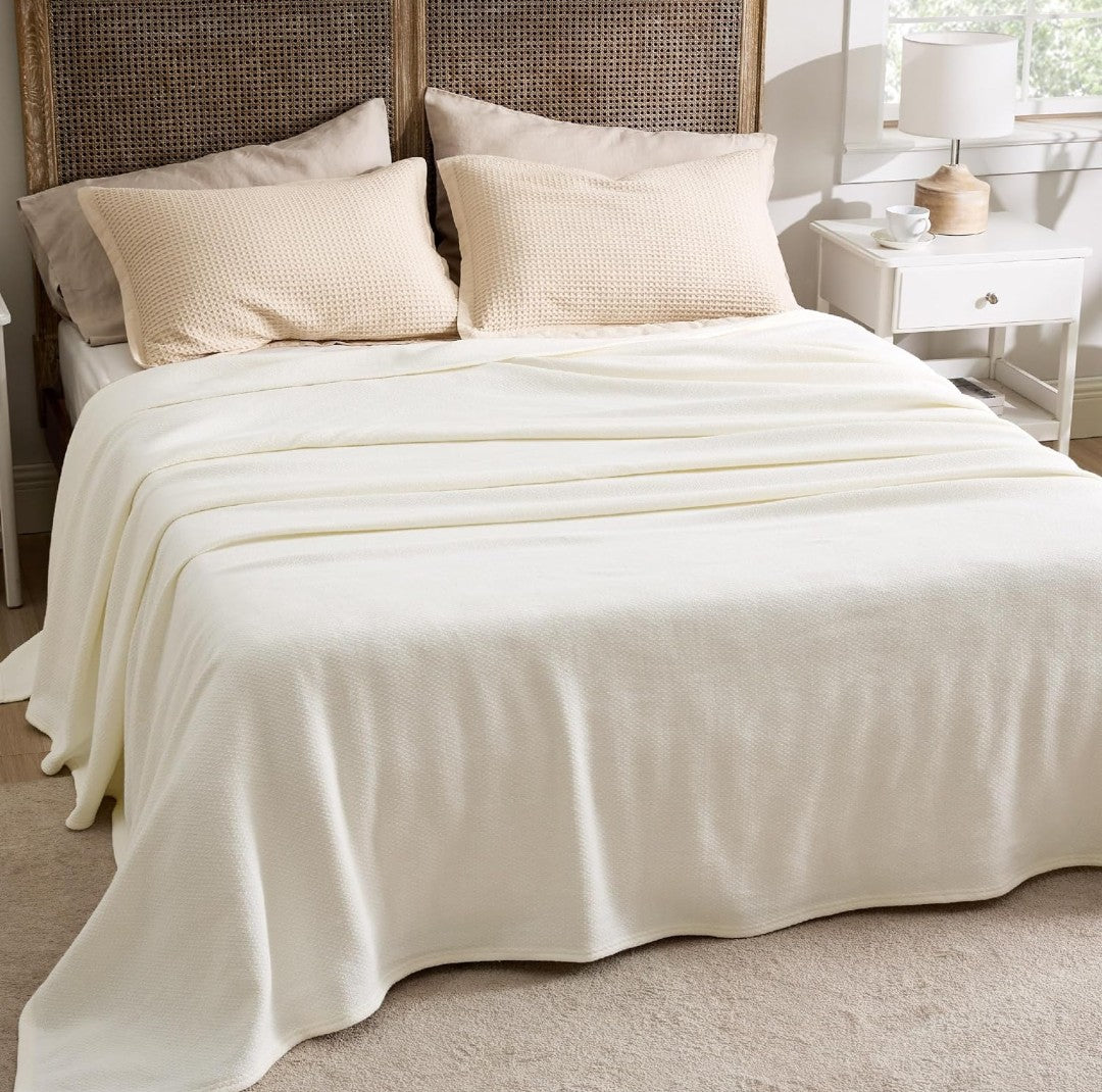 Bedsure Queen Cotton Blanket - Cream Herringbone Weave (90x90)