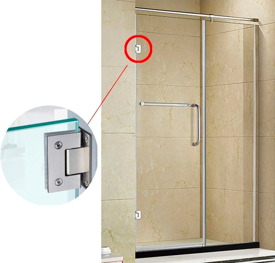 2 Pack 90 Degree Shower Door Hinges, 304 Stainless Steel
4 MM Thick 304 Stainless Steel, Brushed Finish, Non-Slip Gaskets, and Two-Way Swing for 8-12 MM Toughened Glass