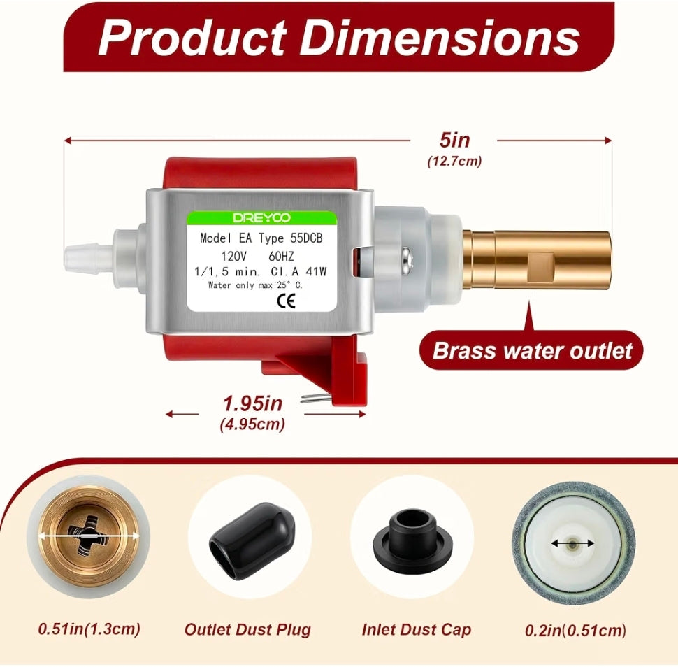 41w Espresso Machine Vibratory Pump Replacement, Brass Outlet
Compatible with ULKA EX5 & Multiple Espresso Machines, 120V 60Hz, Stable & Smooth Operation, Easy to Install
