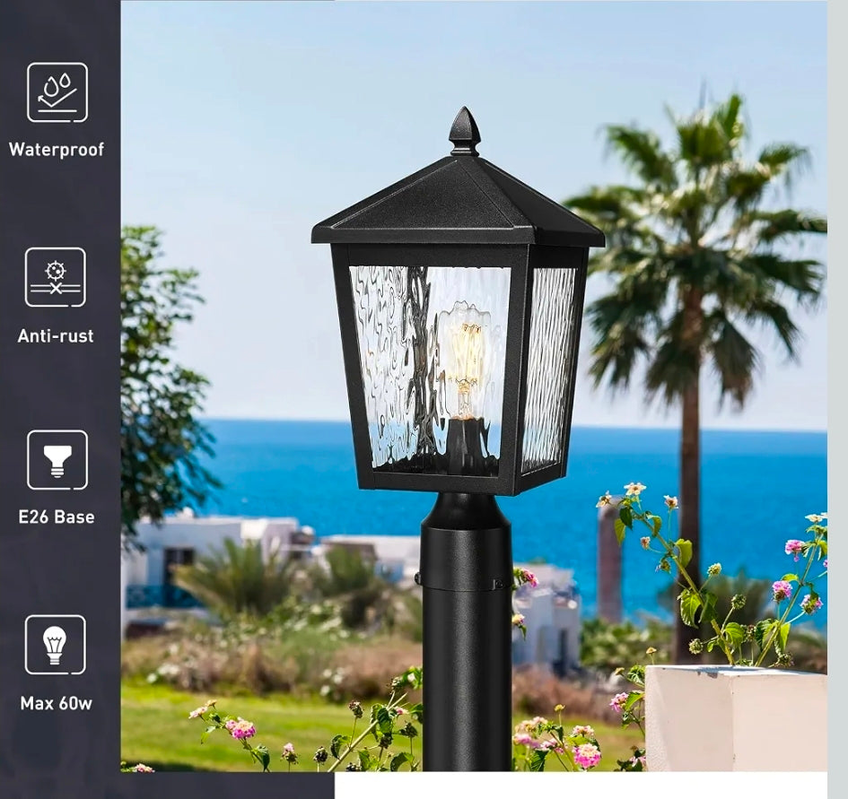 Large Lamp Post Light Fixture, 16.1 Inch Outdoor Post Lamps for House Garden, Die-Cast Aluminum with Water Ripple Glass, Black Finish, 20076P BK-WP