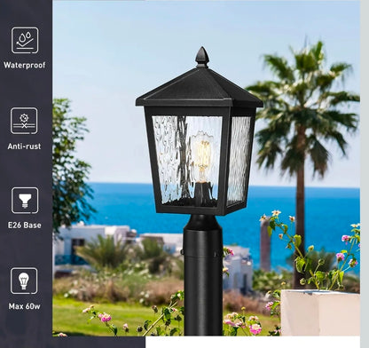 Large Lamp Post Light Fixture, 16.1 Inch Outdoor Post Lamps for House Garden, Die-Cast Aluminum with Water Ripple Glass, Black Finish, 20076P BK-WP