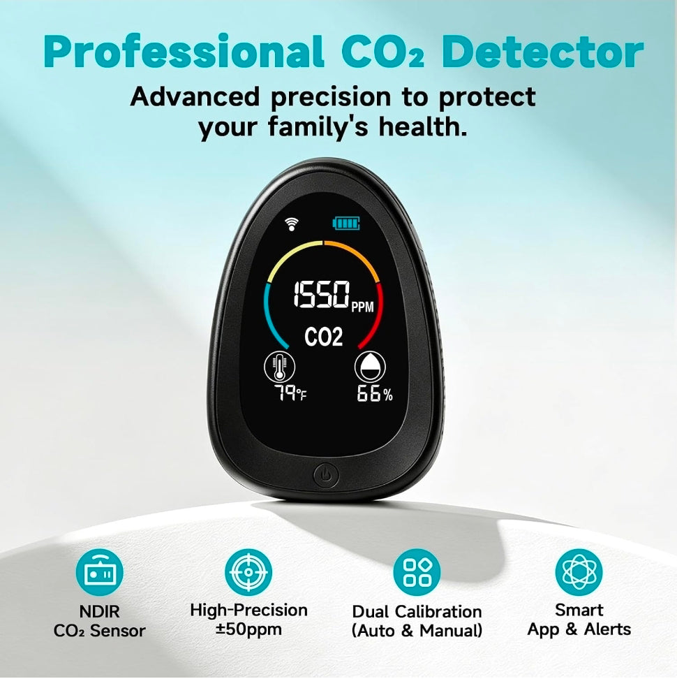 Portable CO2 Monitor Indoor Air Quality Monitor for Home Office
Carbon dioxide detector for CO2, temp & humidity, co2 detector with 1500mAh backup battery, 2.4GHz Wi-Fi, free app