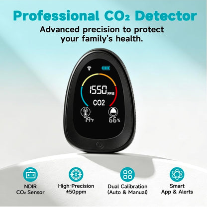 Portable CO2 Monitor Indoor Air Quality Monitor for Home Office
Carbon dioxide detector for CO2, temp & humidity, co2 detector with 1500mAh backup battery, 2.4GHz Wi-Fi, free app