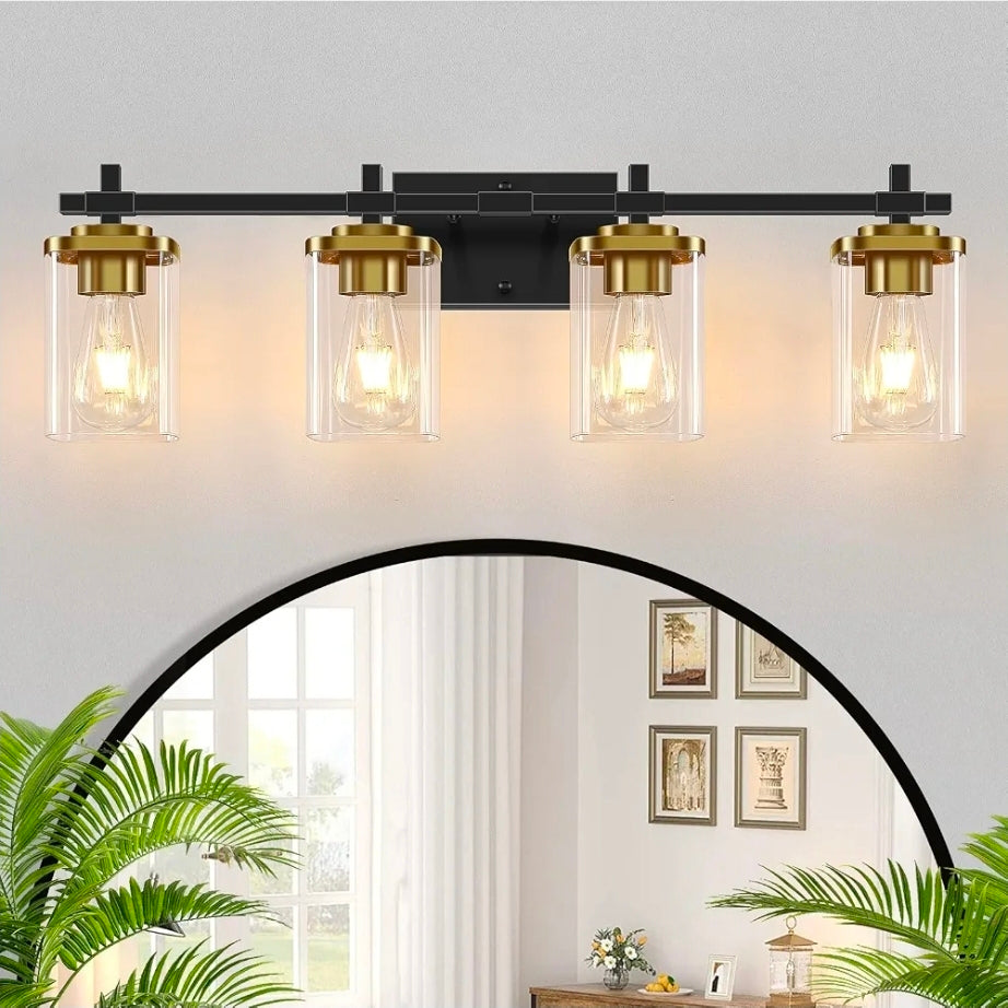 4-Lights Black and Gold Bathroom Vanity Light, Modern Bathroom Wall Sconces Lighting with Clear Glass Shade, Gold Vanity Lights for Bathroom Bedroom Living Room Porch