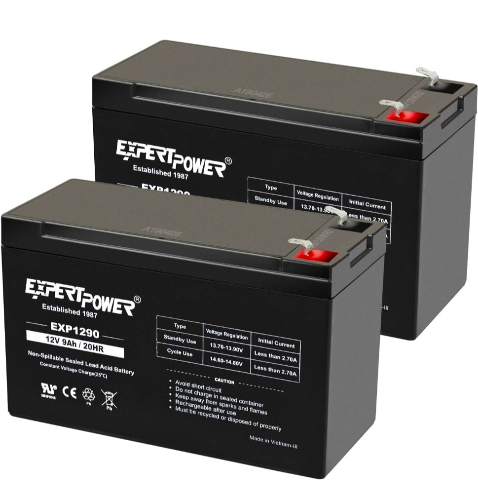 ExpertPower EXP1290, 2 Pack 12V 9AH SLA AGM Rechargeable 12V Battery Backup
12 Volt Batteries for Alarm, Speaker, Ride on Toys, APC Backup UPS Battery Replacement, Replaces UB1290, F2 Terminals