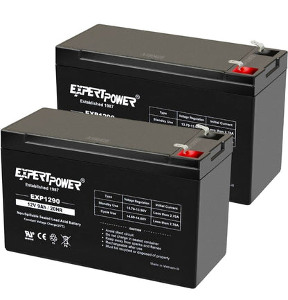 ExpertPower EXP1290, 2 Pack 12V 9AH SLA AGM Rechargeable 12V Battery Backup
12 Volt Batteries for Alarm, Speaker, Ride on Toys, APC Backup UPS Battery Replacement, Replaces UB1290, F2 Terminals