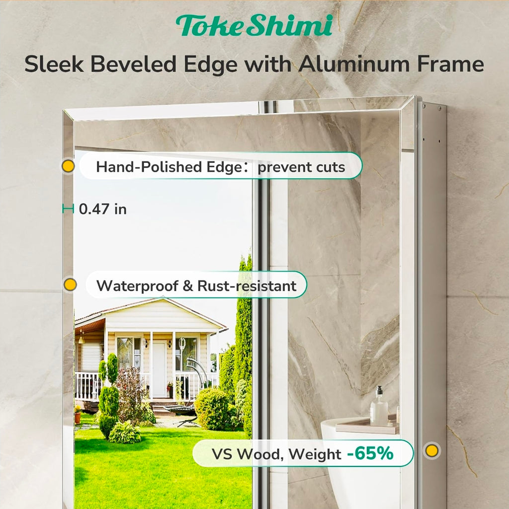 16 x 20 Mirrored Medicine Cabinet, Tempered Beveled Mirror, Silver Medicine Cabinet for Bathroom, Assembly Required, Stepless Adjustable Shelves, Recessed/Wall Mount