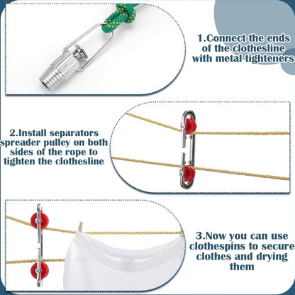 2 Pcs Clothesline Tightener with 2 Pcs Aluminum Rope Separator
Rope Tensioner for Outdoor Indoor Laundry, Pulley Spreader Accessories, Adjustable Tension Fixing, Backyard Patio Balcony