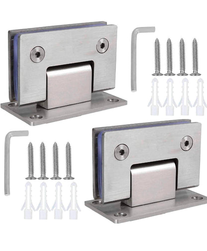 2 Pack 90 Degree Shower Door Hinges, 304 Stainless Steel
4 MM Thick 304 Stainless Steel, Brushed Finish, Non-Slip Gaskets, and Two-Way Swing for 8-12 MM Toughened Glass
