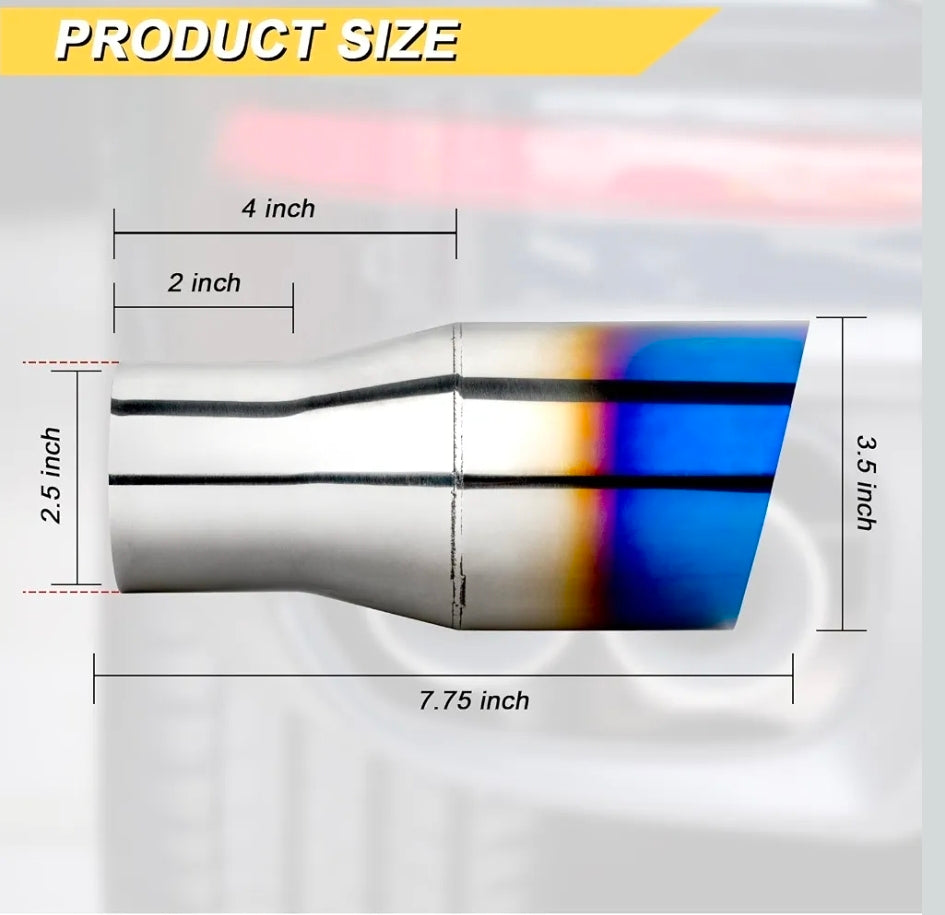 2.5 inch Inlet Exhaust Tip, 3.5" Outlet 7.75" Overall Length,2PCS
Stainless Steel Exhaust Tail Pipe, Weld On, Sleek Angle Cut, Polished Tailpipe, Blue Burnt