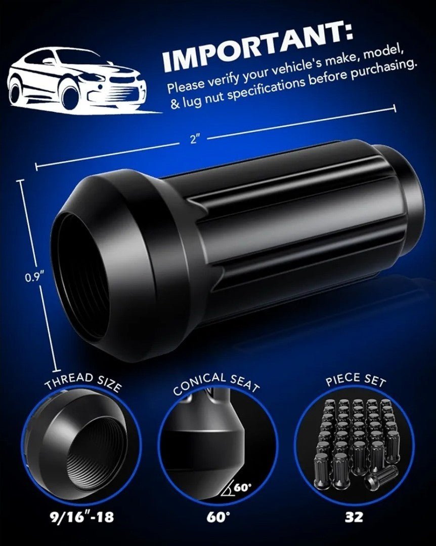 Spline Lug Nut 32pcs for Dodge 2500 3500 8 Lug, 9/16 x18 9/16-18 Black 32 PCS - Horizon Endless