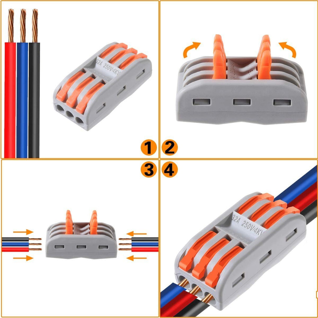 Spring Lever Terminal Block Electric Cable Wire Connectors Adapter 3 Way 10 Pack - Horizon Endless