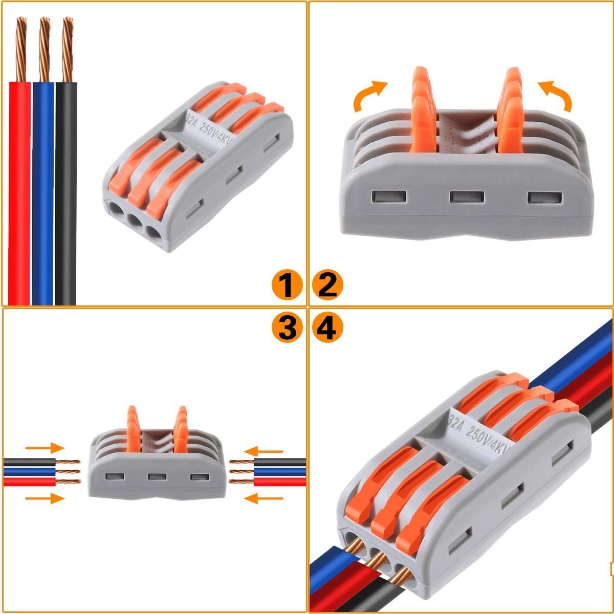 Spring Lever Terminal Block Electric Cable Wire Connectors Adapter 3 Way 10 Pack - Horizon Endless