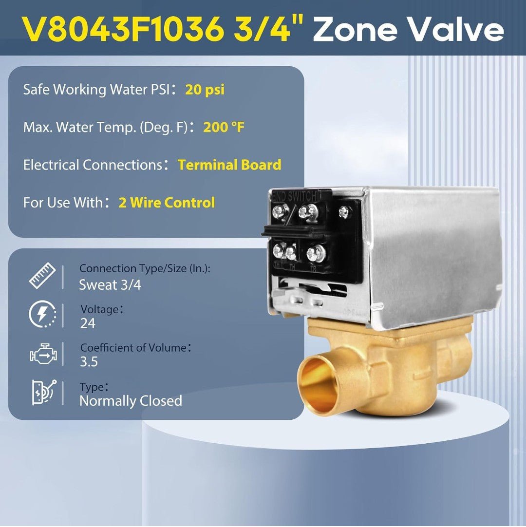 V8043F1036 Zone Valve for Honeywell 40003916-048/U Replacement Head V8043F1093 Replace Head Actuator 2-way 4-Wire 24V Motor Normally Closed 3/4 Sweat Connection, Screw Terminal Board Connection - Horizon Endless