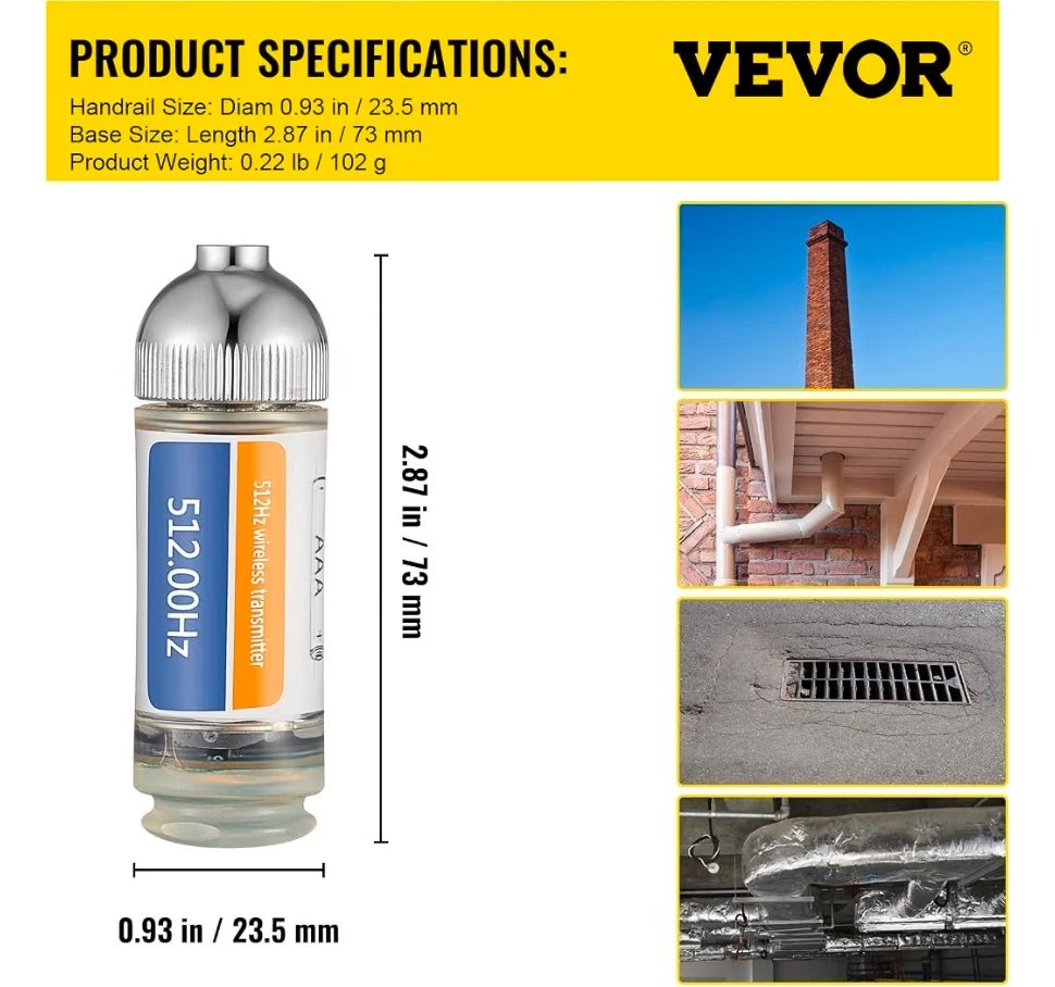 VEVOR 512 Hertz Sonde, Flushable, Remote Transmitter for Underground Pipe Location, Waterproof Wireless Endoscope with 2 Connectors - Horizon Endless