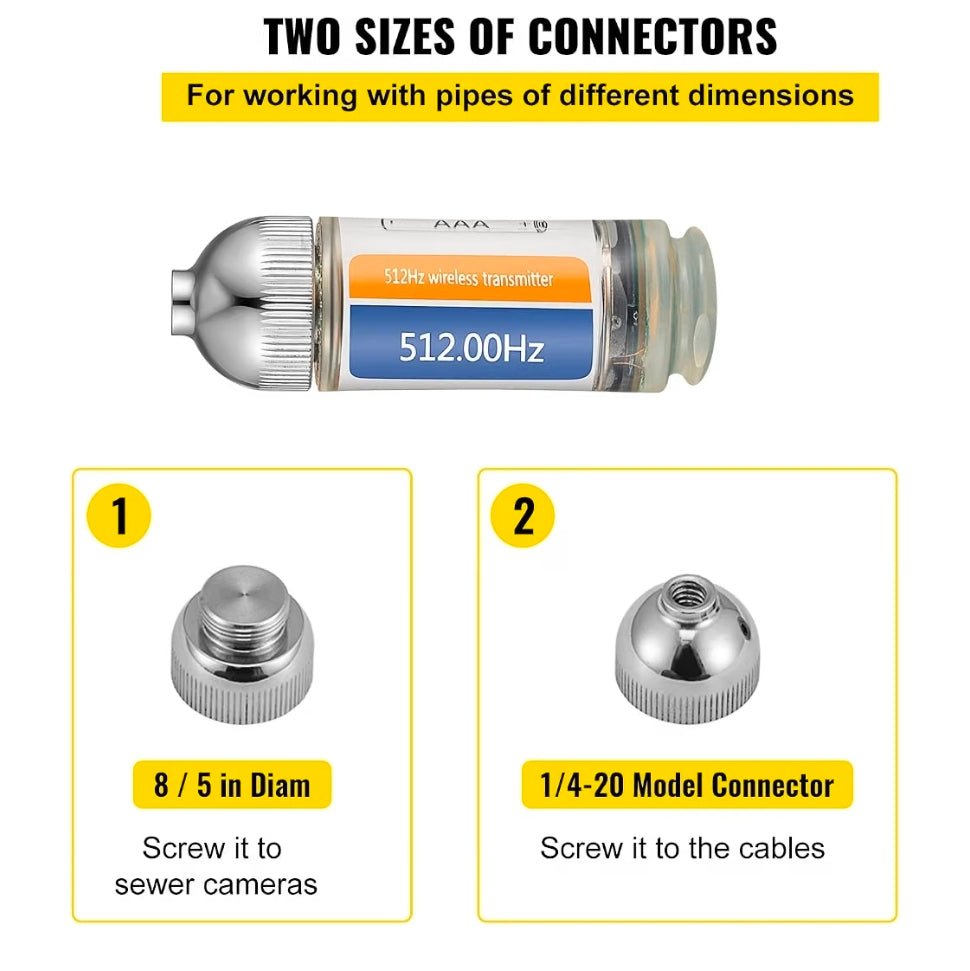 VEVOR 512 Hertz Sonde, Flushable, Remote Transmitter for Underground Pipe Location, Waterproof Wireless Endoscope with 2 Connectors - Horizon Endless