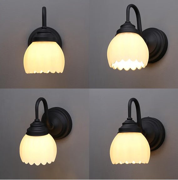 Vintage Brass Boho Wall Sconces, Hardwired Wall Lights with Tulip Glass Lampshade, Brass Vanity Lamp Modern Wall Lighting Fixtures for Bedroom, Living Room, Hallway (Black + White Shade) - Horizon Endless