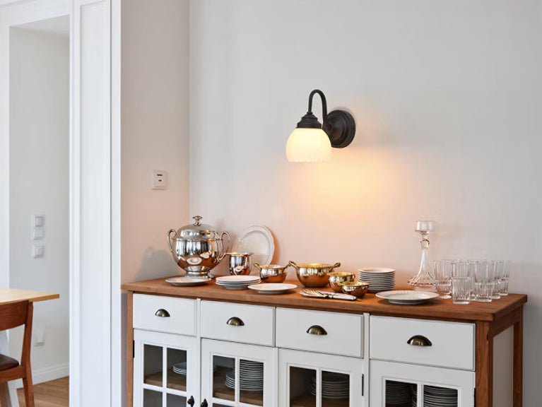 Vintage Brass Boho Wall Sconces, Hardwired Wall Lights with Tulip Glass Lampshade, Brass Vanity Lamp Modern Wall Lighting Fixtures for Bedroom, Living Room, Hallway (Black + White Shade) - Horizon Endless