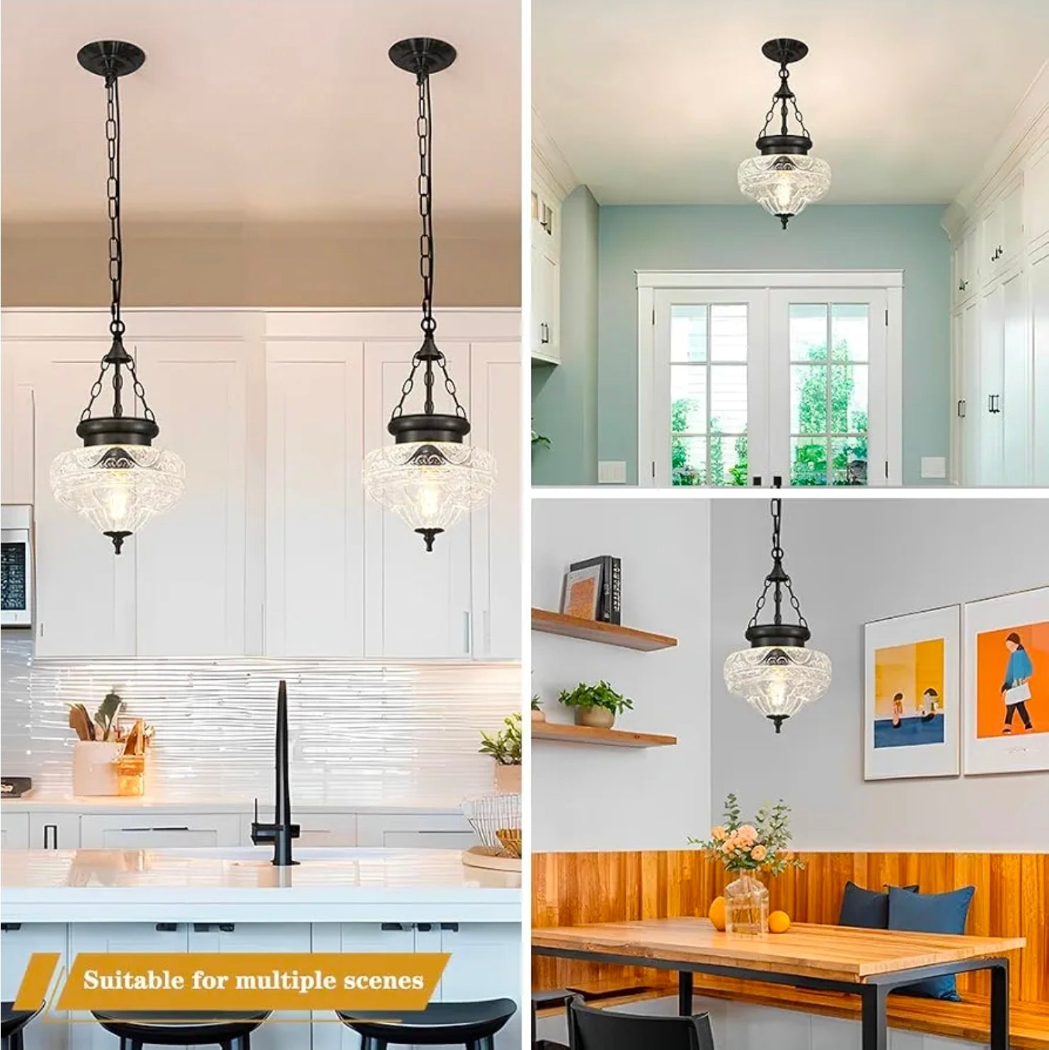 Vintage Black Pendant Light with Textured Glass Chandelier for Kitchen, Island, Dining Room - Horizon Endless