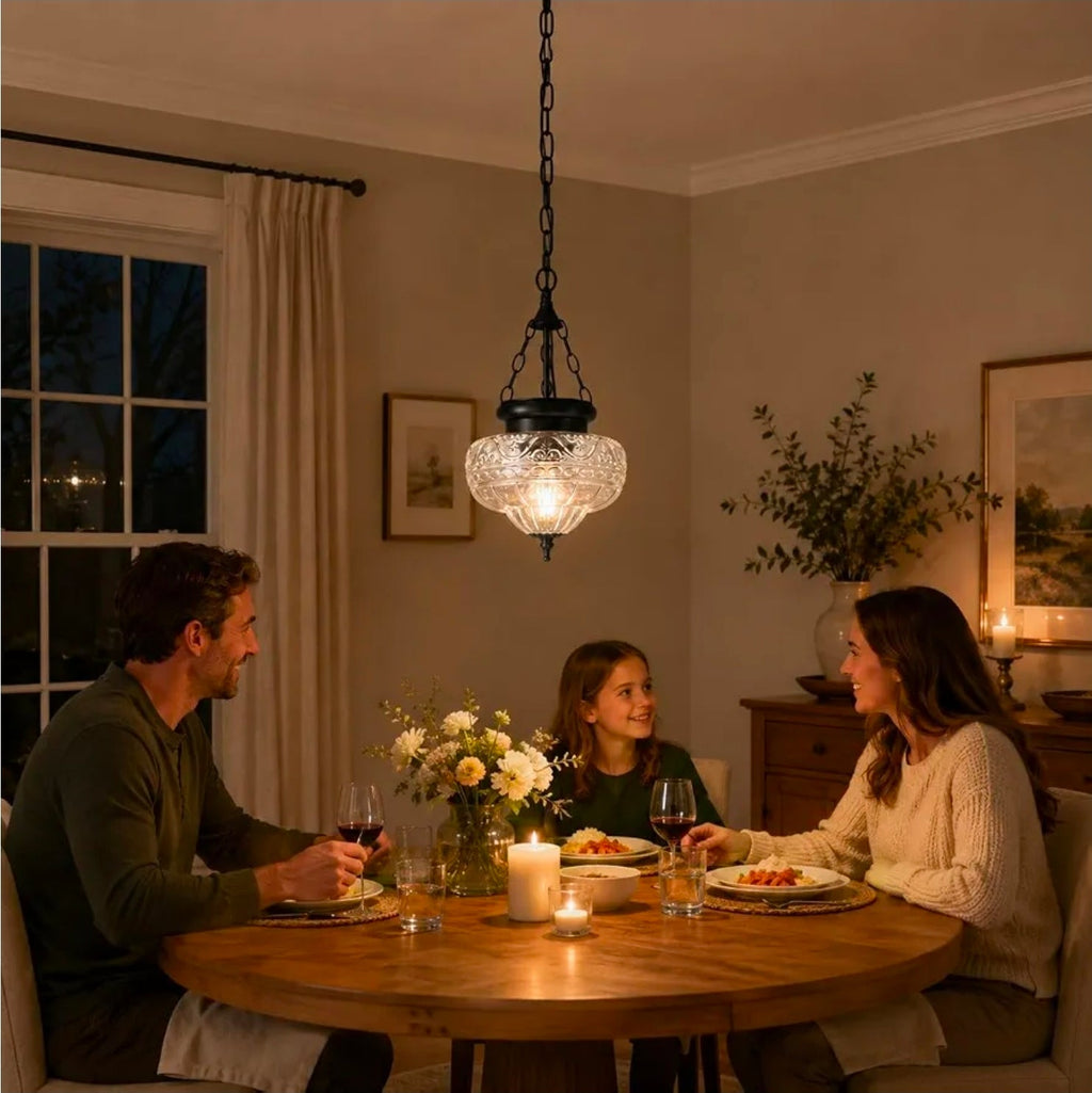Vintage Black Pendant Light with Textured Glass Chandelier for Kitchen, Island, Dining Room - Horizon Endless