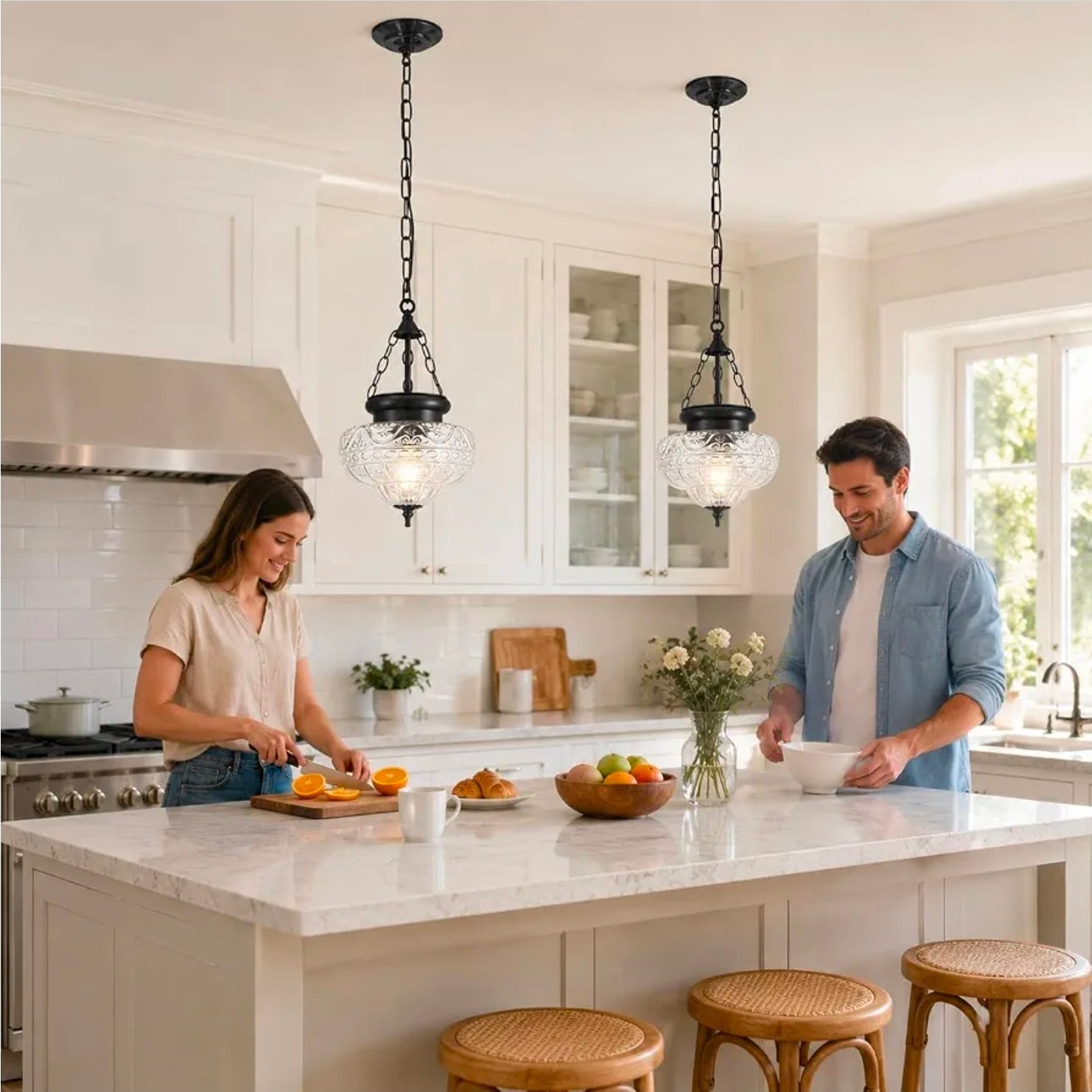 Vintage Black Pendant Light with Textured Glass Chandelier for Kitchen, Island, Dining Room - Horizon Endless