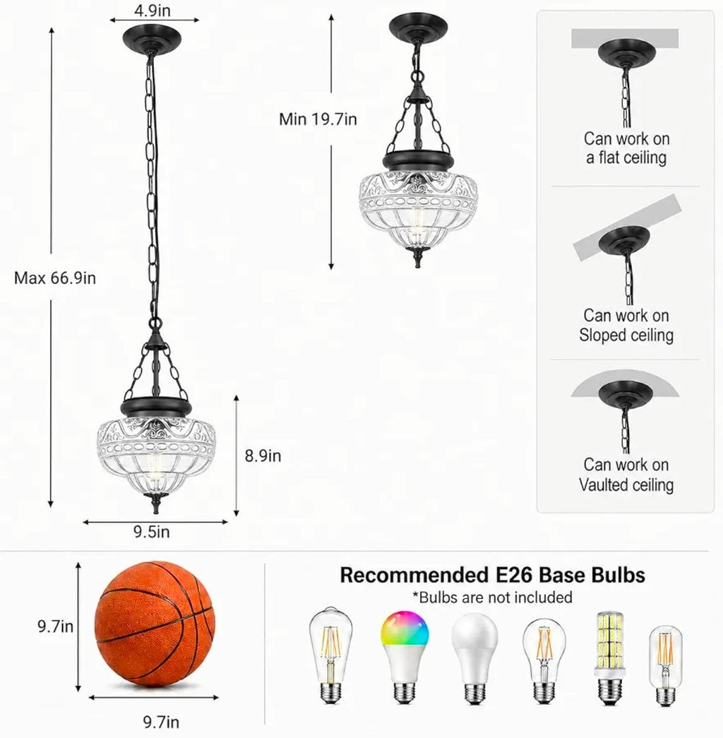 Vintage Black Pendant Light with Textured Glass Chandelier for Kitchen, Island, Dining Room - Horizon Endless