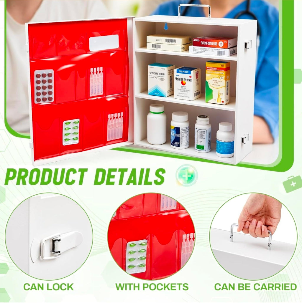 Wall Mount First Aid Cabinet, Spacious Metal Med Box with Pockets, Large Capacity Storage - Horizon Endless