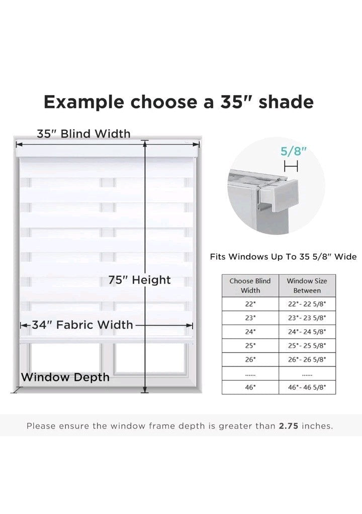 White No-Drill Zebra Blinds - Cordless Day & Night Shades, 15"x48" - Horizon Endless