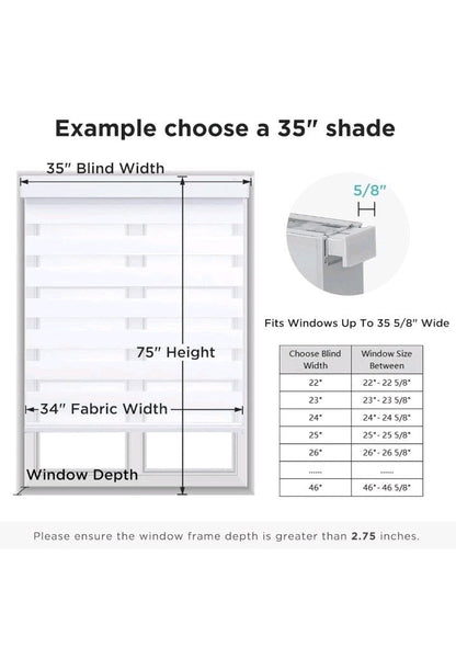 White No-Drill Zebra Blinds - Cordless Day & Night Shades, 15"x48" - Horizon Endless