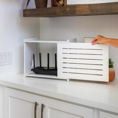 WiFi Router Storage Cabinet Router Box Hider WiFi Box Hider Shelf Cover Deluxe Pine Wood White Finish - Horizon Endless