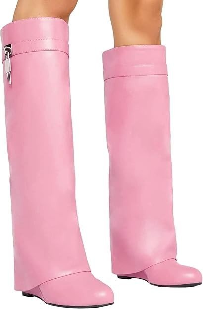 Womens Pink Thigh High Boots Wedge Heel Fold Over Lock Knee High Fashion Boots - Horizon Endless
