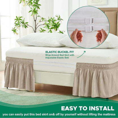 Wrap Around Queen Size Bed Skirt 12" Drop-Elastic Dust Ruffle Light Camel - Horizon Endless