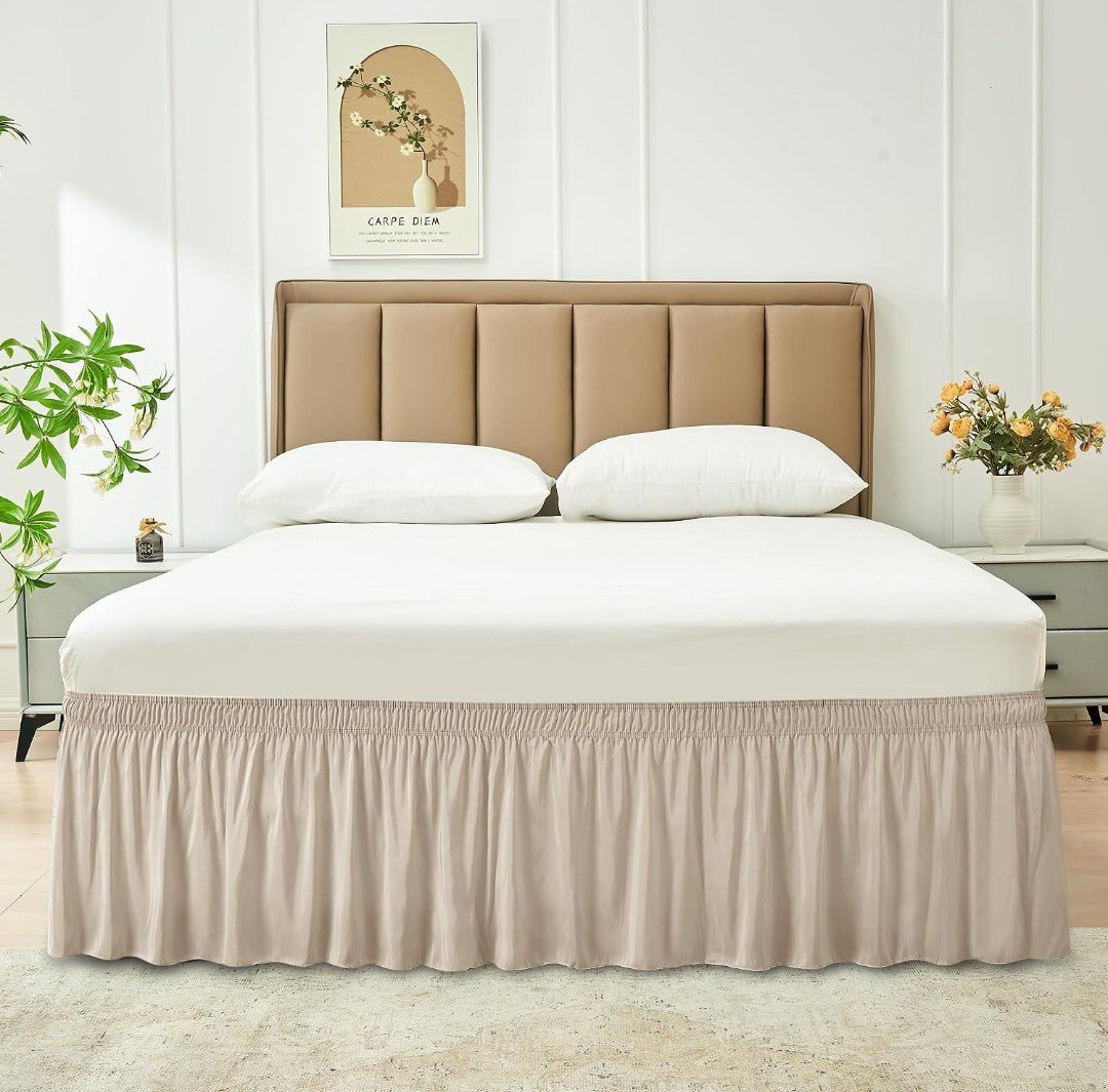 Wrap Around Queen Size Bed Skirt 12" Drop-Elastic Dust Ruffle Light Camel - Horizon Endless