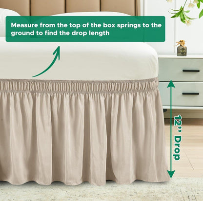 Wrap Around Queen Size Bed Skirt 12" Drop-Elastic Dust Ruffle Light Camel - Horizon Endless