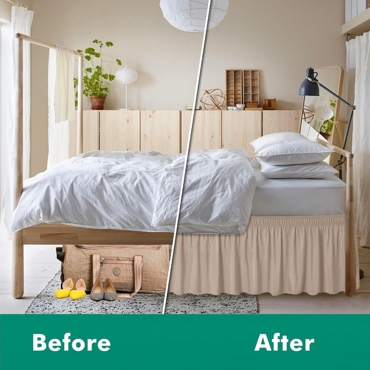 Wrap Around Queen Size Bed Skirt Split Corner 15" Drop-Elastic Dust Ruffle Light Camel Adjustable Pleated Bedskirt-Easy Fit Wrinkle Resistant Washable Bed Skirting-Master Guest Bedroom Rental Hotels - Horizon Endless