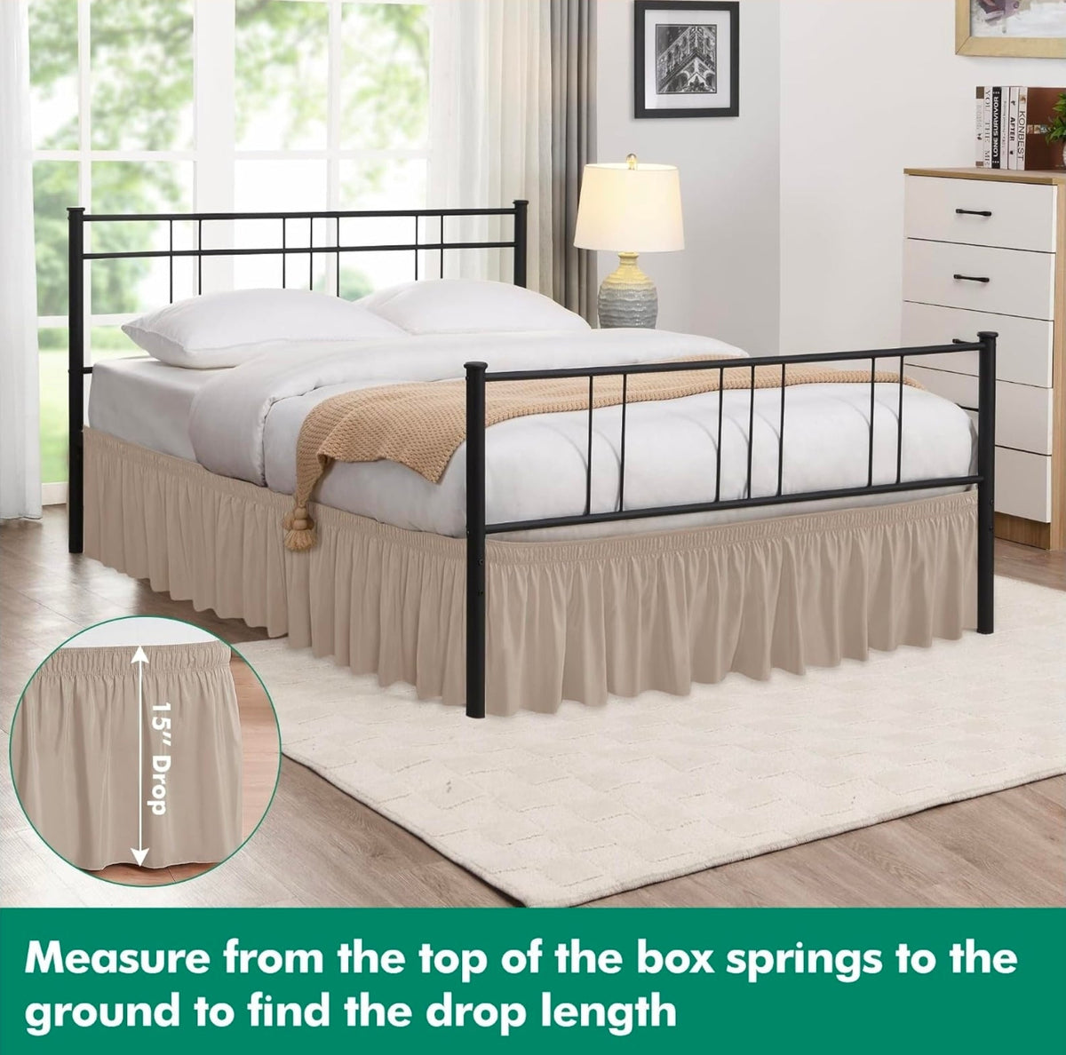 Wrap Around Queen Size Bed Skirt Split Corner 15" Drop-Elastic Dust Ruffle Light Camel Adjustable Pleated Bedskirt-Easy Fit Wrinkle Resistant Washable Bed Skirting-Master Guest Bedroom Rental Hotels - Horizon Endless